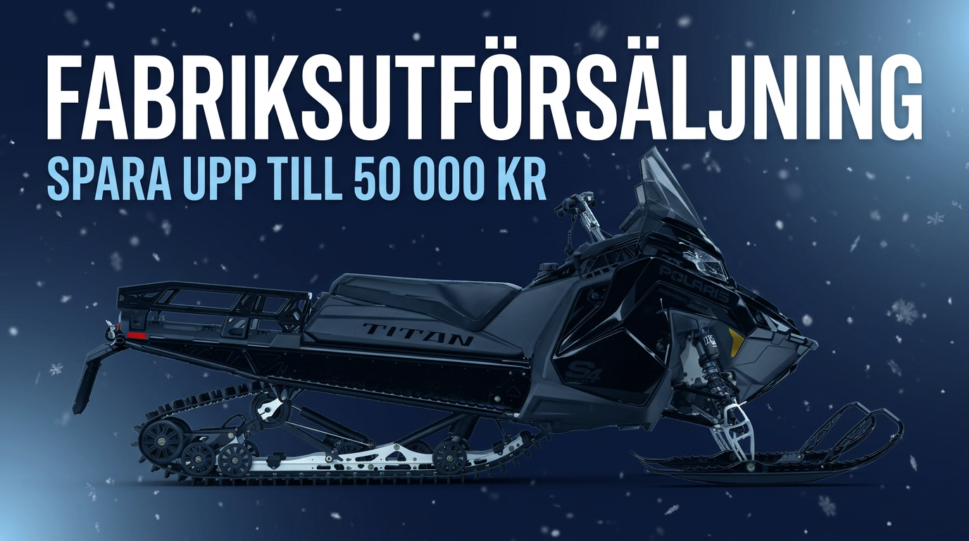 Polaris snöskoter framför mörkblå vinterbakgrund med FABRIKSUTFÖRSÄLJNING-text