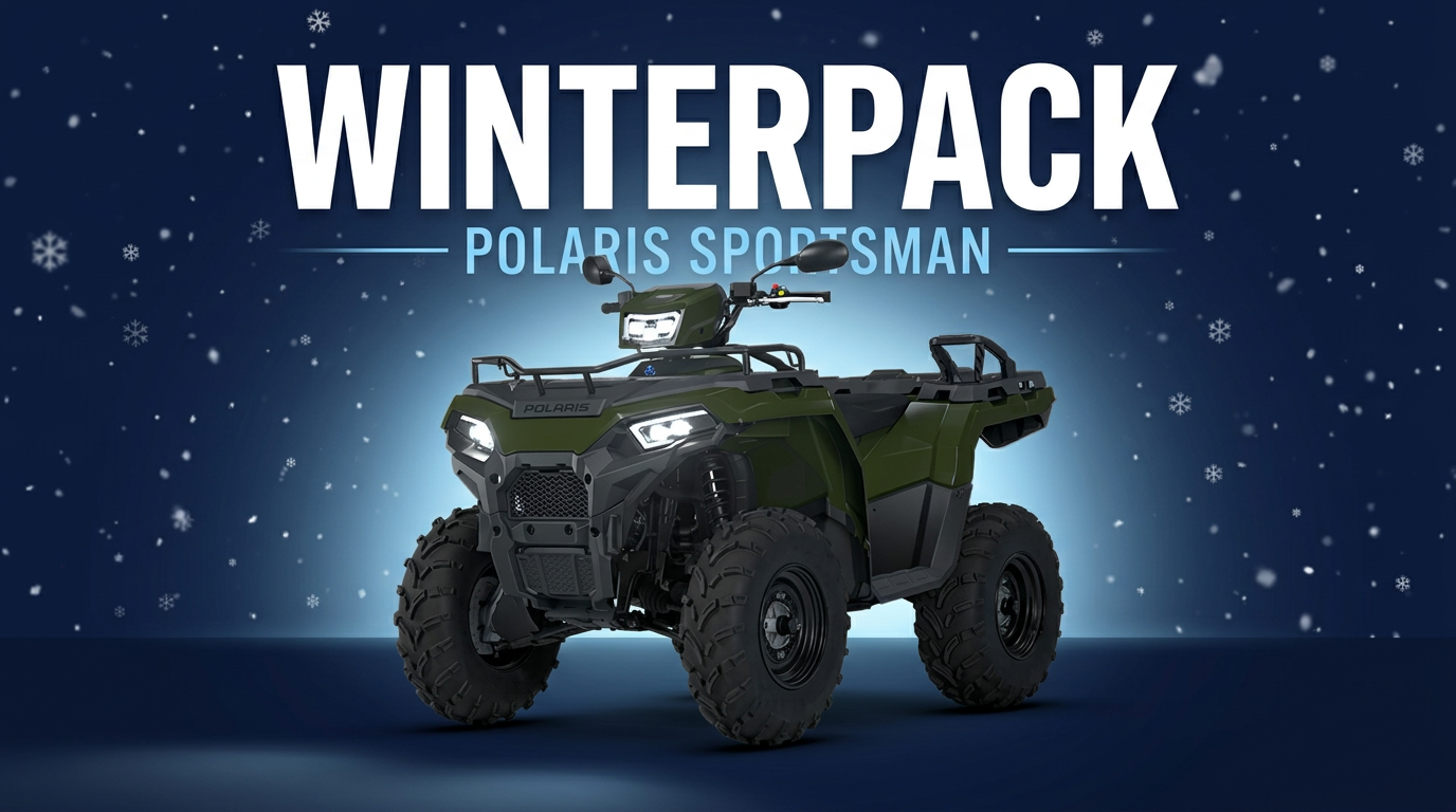 Polaris Sportsman framför mörkblå vinterbakgrund med WINTERPACK-text