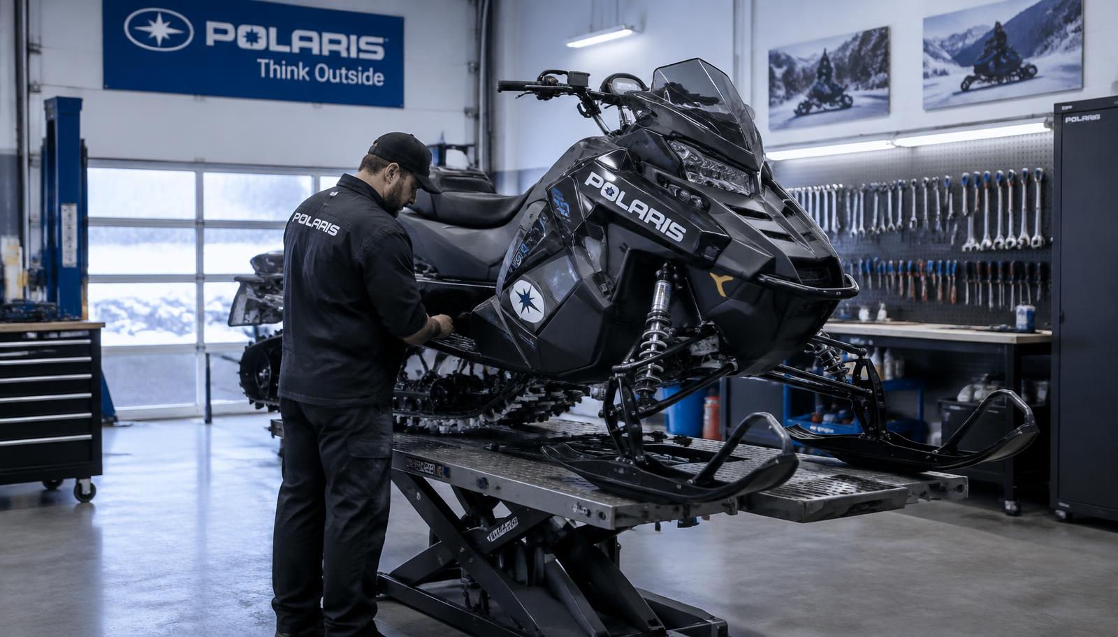 Mekaniker servar en Polaris snöskoter på en lyftbänk i verkstaden