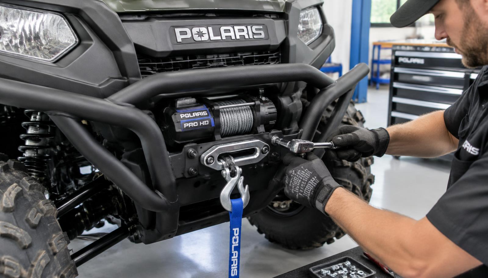 Tekniker monterar frontbåge och vinsch på en Polaris fyrhjuling