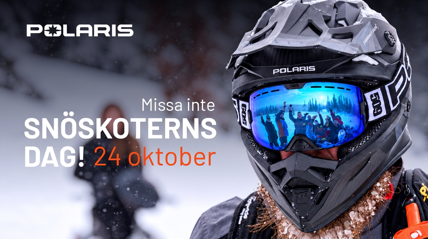 Affisch för Snöskoterns dag 24 oktober med snöskoterförare i hjälm och blåglänta glasögon, med Polaris-logotyp